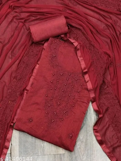 Chanderi Cotton Designer Dress Material for Women (Maroon, Un Stitched)