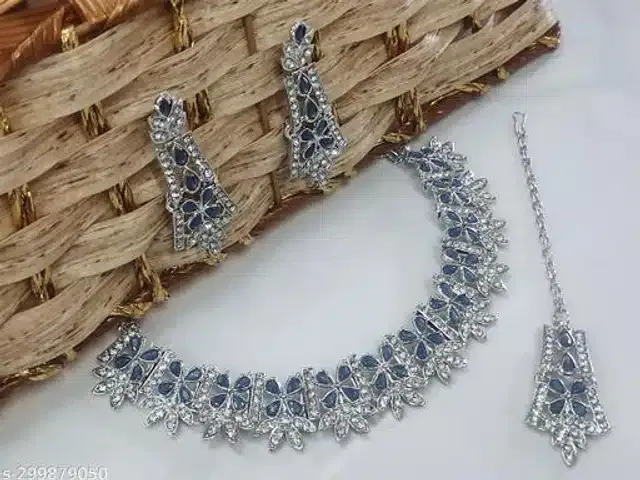 Oxidised Alloy Necklace with Earrings & Maangtika for Women (Blue & Grey, Set of 1)