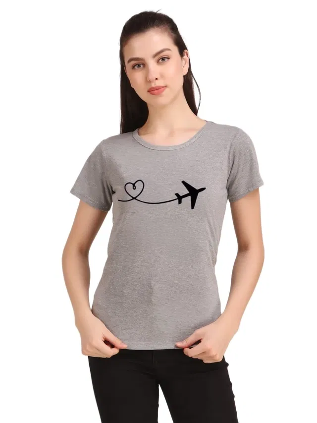Round Neck Printed T-Shirt for Women (Grey, XL)