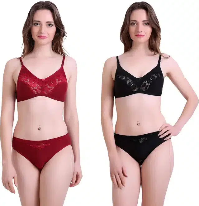 Cotton Blend Lingerie Set for Women (Black & Maroon, 40A) (Set of 2)