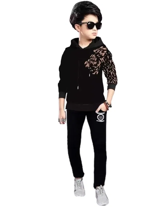 Cotton Blend Hooded Neck Sweatshirts for Boys (Black & Black, 12-13 Years)