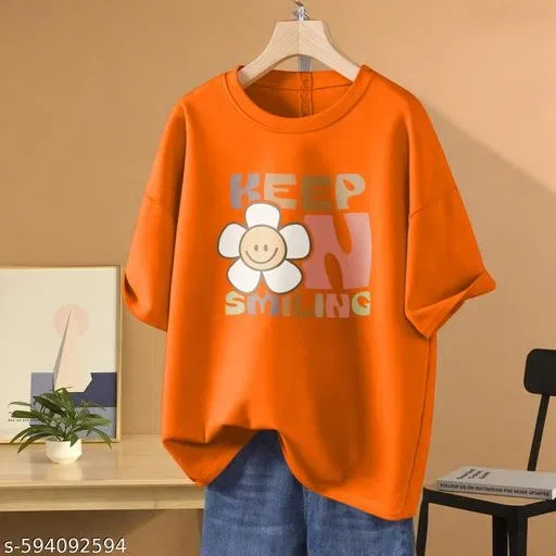 Cotton Blend Printed T-shirt for Women, Orange (XL)