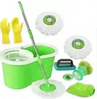 Plastic Bucket Spin Mop with 3 Refills Set & Cleaning Accessories Combo (Green, Set of 5)