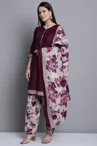 Cotton Blend Floral Kurti with Pant & Dupatta for Women 
