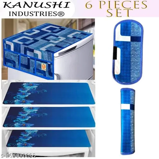 KANUSHI Industries® 1Pc Fridge Cover for Top with 6 Utility Pockets + 2 Handles Covers + 3 Fridge Mats (FRI-BLUE-BOX-TOP+2-HANDLE+M-8)