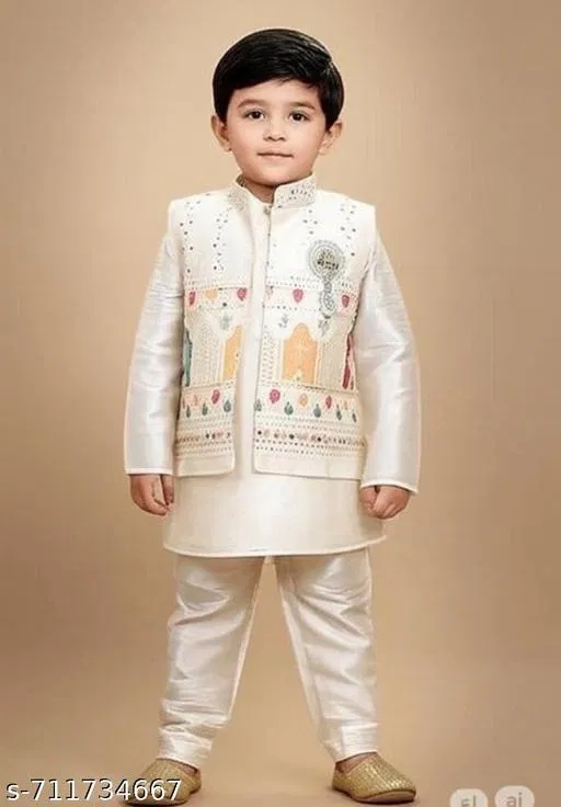 Embroidered Cotton Kurta Set for Boys (White, 4-5 Years)