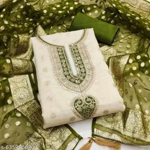 Chanderi Silk Embroidered Punjabi/All Over Suits for Women (Green, 6.85 meter (3XL)