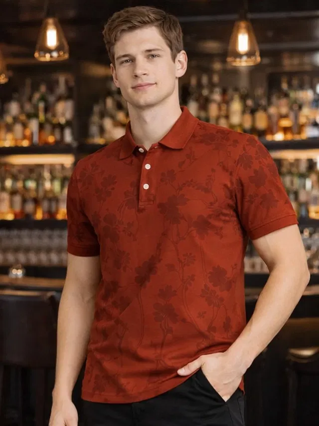 Polo Printed Cotton Blend T-shirt for Men (Maroon, XXL)