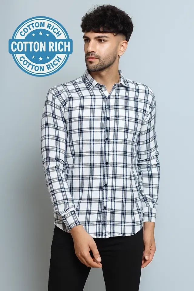 Cotton Blend Chequered Shirt for Men (White, XXL)