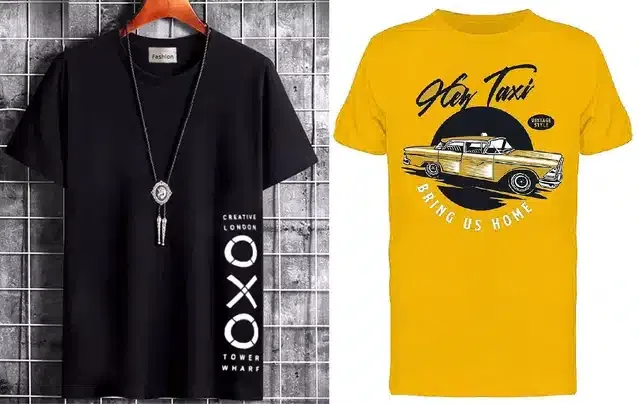 Crew Neck T-Shirts for Men (Black & Yellow, L) (Pack of 2)