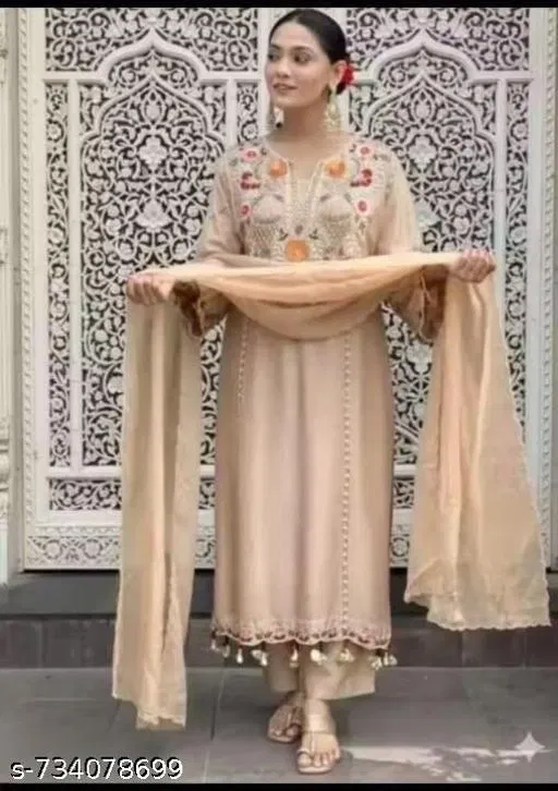 Art Silk embroidered Kurta Set for Women ( Beige,L )