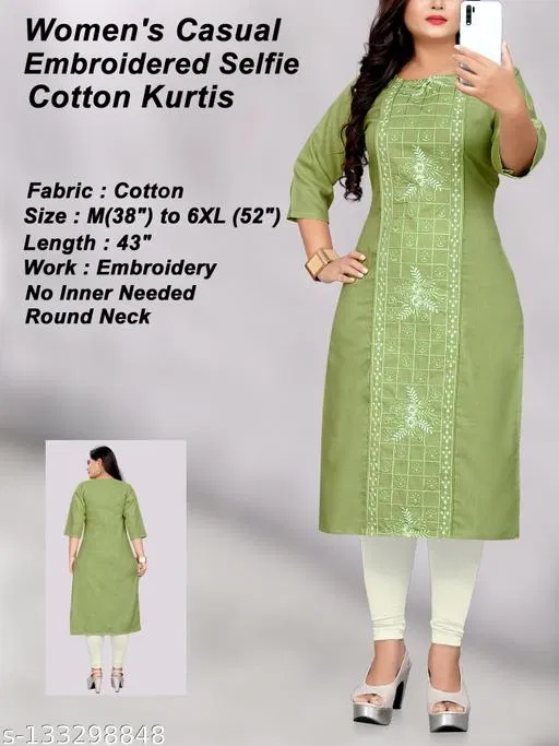 Floral Embroidered Cotton Blend Kurti for Women (Green, 6XL)