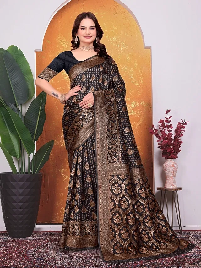 Banarasi Silk Embroidered Saree for Women (Black, 6.3 m)