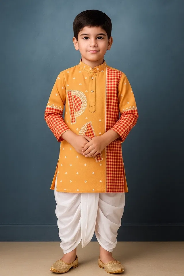 Cotton Printed Kurta with Dhoti for Boys, Yellow & White (3-4 Years)