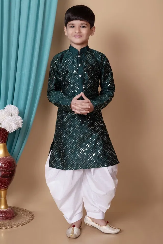Dupion Silk Embellished Kurta with Dhoti for Boys, Bottle Green & White (2-3 Years)
