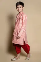 Dupion Silk Embroidery Kurta with Dhoti for Boys, Peach & Red 