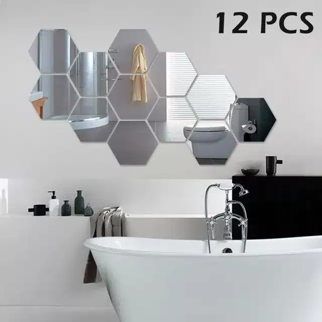 Acrylic Hexagon Shaped Wall Mirror Stickers (Silver, Pack of 12)