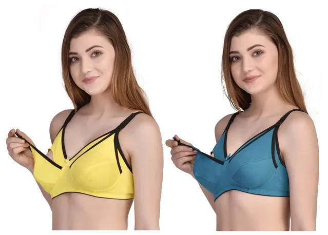 Cotton Blend Solid Non Padded Feeding Bras for Women (Multicolor, 34) (Pack of 2)