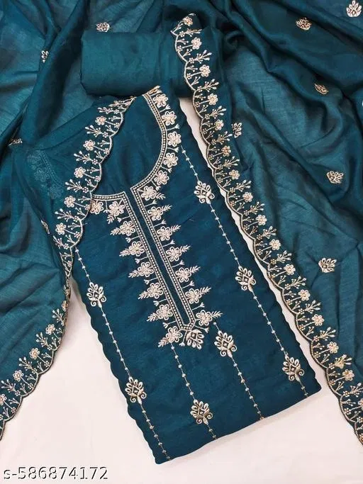 Vichitra Silk Punjabi/All Over Suits Semi-Stitched Suits for Women (Dark Green, Un Stitched)