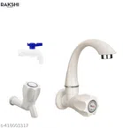 Plastic Swan Neck Tap with Bib Cock Tap & Nozzle Tap (White & Blue, Set of 3)