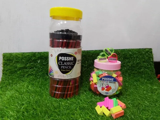 Combo of Posshe Pencils (100 Pcs) with 100 Pcs Erasers & 2 Pcs Sharpeners (Multicolor, Set of 3)