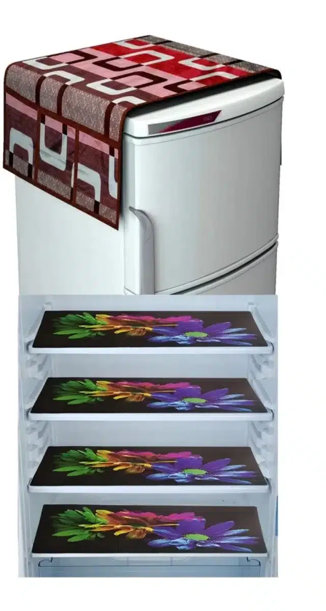 Knit Printed Fridge 4 Pcs Mat with Top Cover (Multicolor, Set of 1)