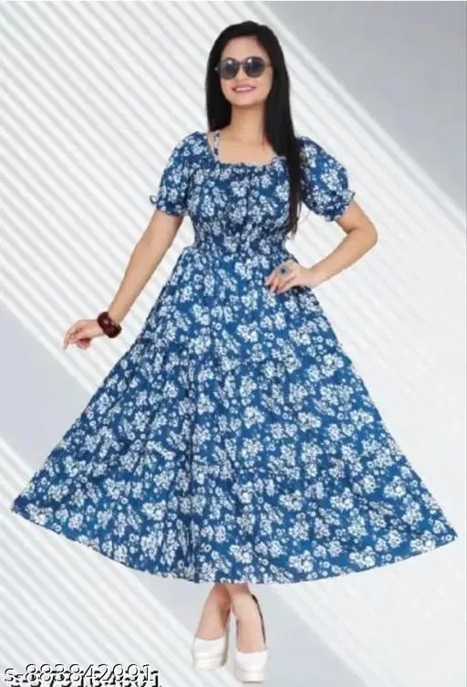 Pleated Printed One Piece Dress (Green, L)