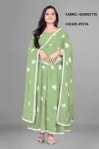 Georgette Ethnic Motif Gown with Dupatta for Women (Mint Green & White, S)