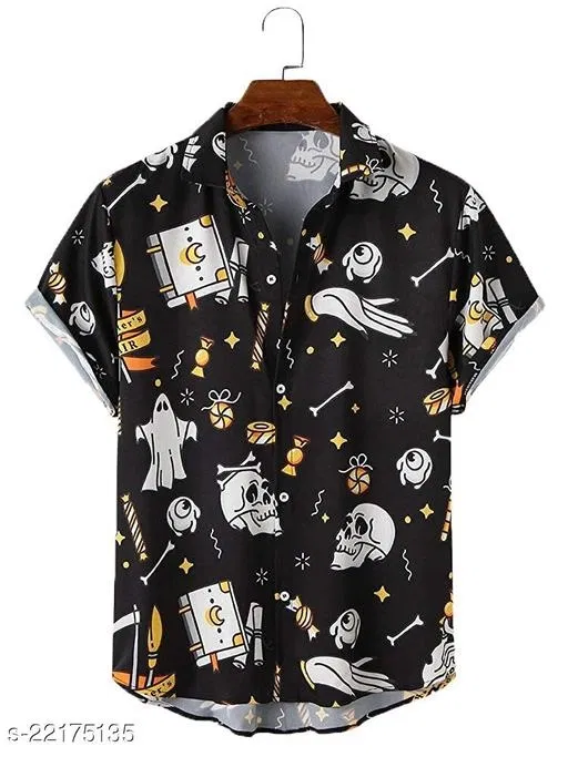 Digital Printed Stitched Half Sleeve Shirt for Men (Black, S)