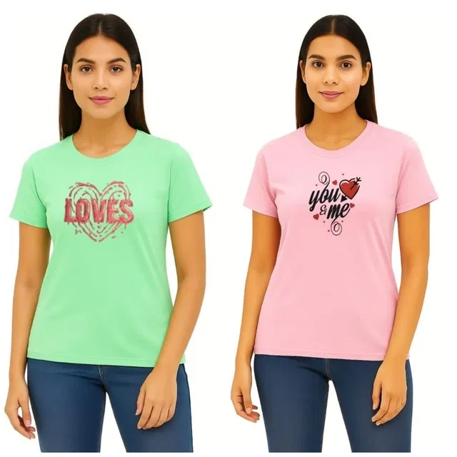 Cotton Blend T-shirt for Women, Green & pPink, Pack of 2 (L)
