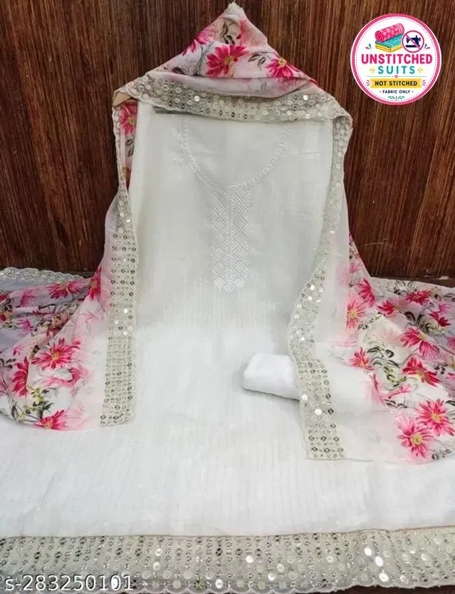 Embroidered Unstitched Suit for Women (White, 2.25 m)