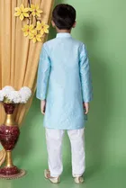 Dupion Silk Embellished Kurta with Payjama for Boys, Sky Blue & White 