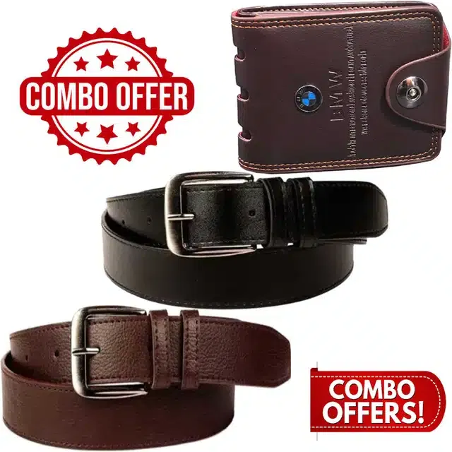 Belt with Wallet for Men (Black & Brown, Set of 3)