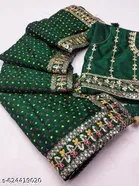 Georgette Zari Embroidered Saree For Women, Green