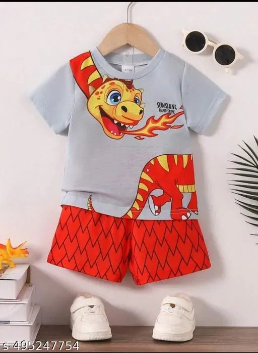 Hosiery Cotton Printed Clothing Set for Kids, Grey & Orange (7-8 Years)