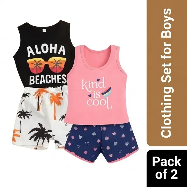 Cotton Blend Printed Clothing Set for Boys, Combo Pack of 2, Black & Peach & Blue, 18-24 Months