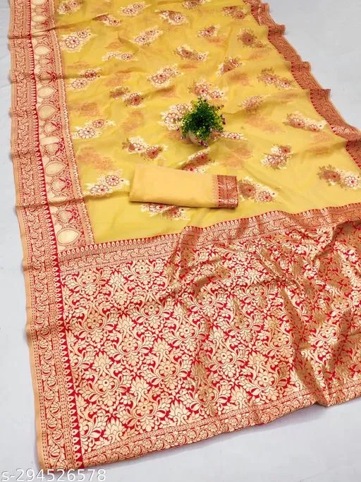 Chanderi Cotton Zari Woven Saree for Women (Yellow & Red, 6.3 m)