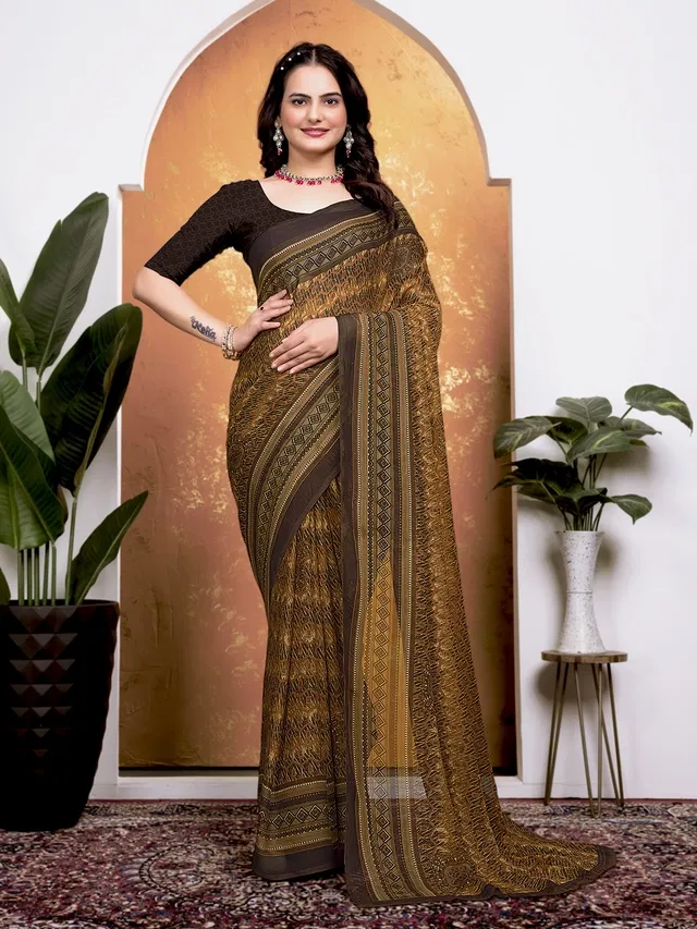 Georgette Printed Saree for Women (Brown, 6.3 m)