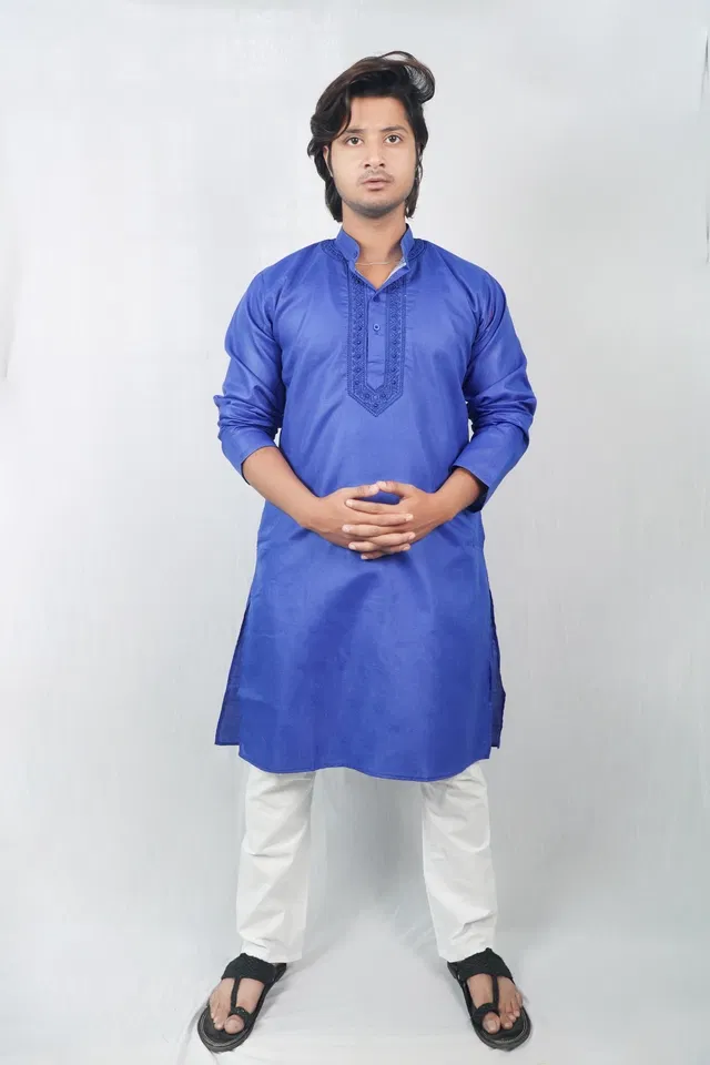 Cotton Solid Kurta with Pyjama for Men (Blue & White, XXL)