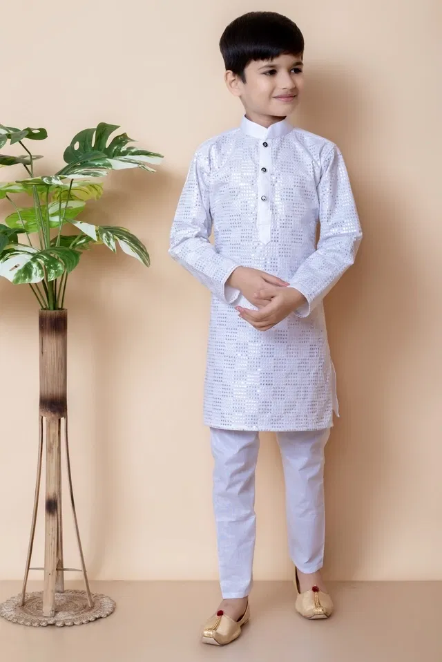 Cotton Embellished Kurta with Payjama for Boys, White (6-12 Months)