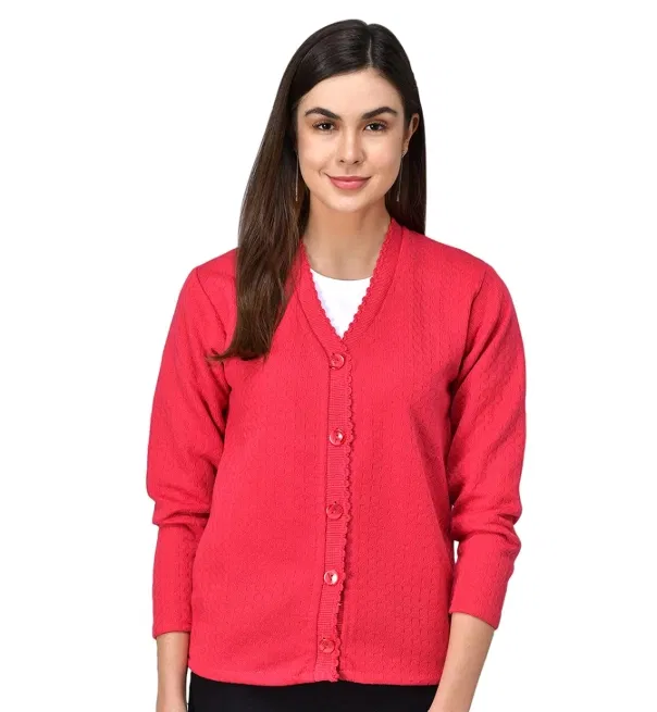 Woolen V-Neck Cardigan Full Sleeve Button-Up Winter Sweater (Free Size- Red)