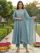 Printed Vichitra Silk Kurta Set for Women 