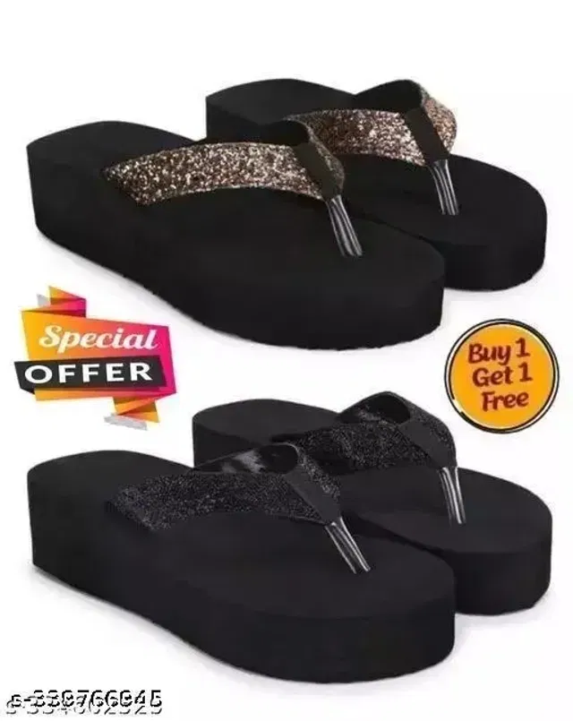 Black & Copper Glitter Strap Pack of 2 Platform Flip-Flops for Women (Black, 5)