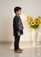 Silk Blend Printed Kurta,Waistcoat & Payjama Set For Boys, Black 