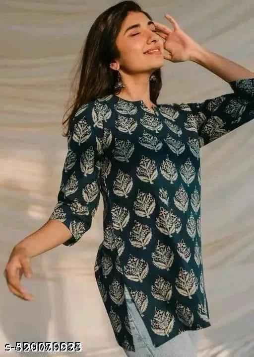 Rayon Printed Short Kurti for Women, Green (S)