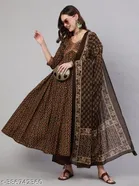 Cotton Printed Anarkali Kurti with Pant & Dupatta for Women (Brown, S)