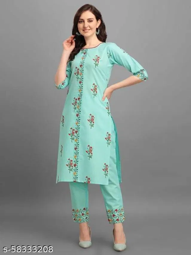 Cotton Embroidered Kurta with Pant for Women (Sky Blue, XXL)