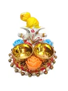 Metal Decorative Ganpati Haldi Kumkum Stand with 2 Roli Chawal Holder, Multicolor
