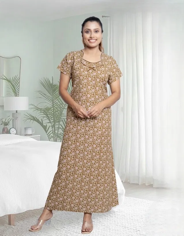 100% Cotton Floral Print Nightdress for Women (Green, Free Size)