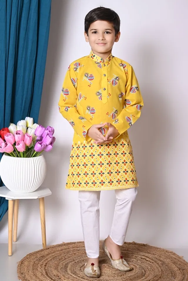 Cotton Printed Kurta with Payjama for Boys, Yellow & White (3-4 Years)